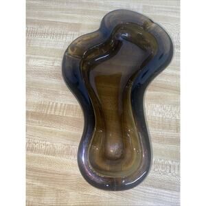 MCM Large Glass Amoeba Free Form Ashtray Brown 10” X 6”